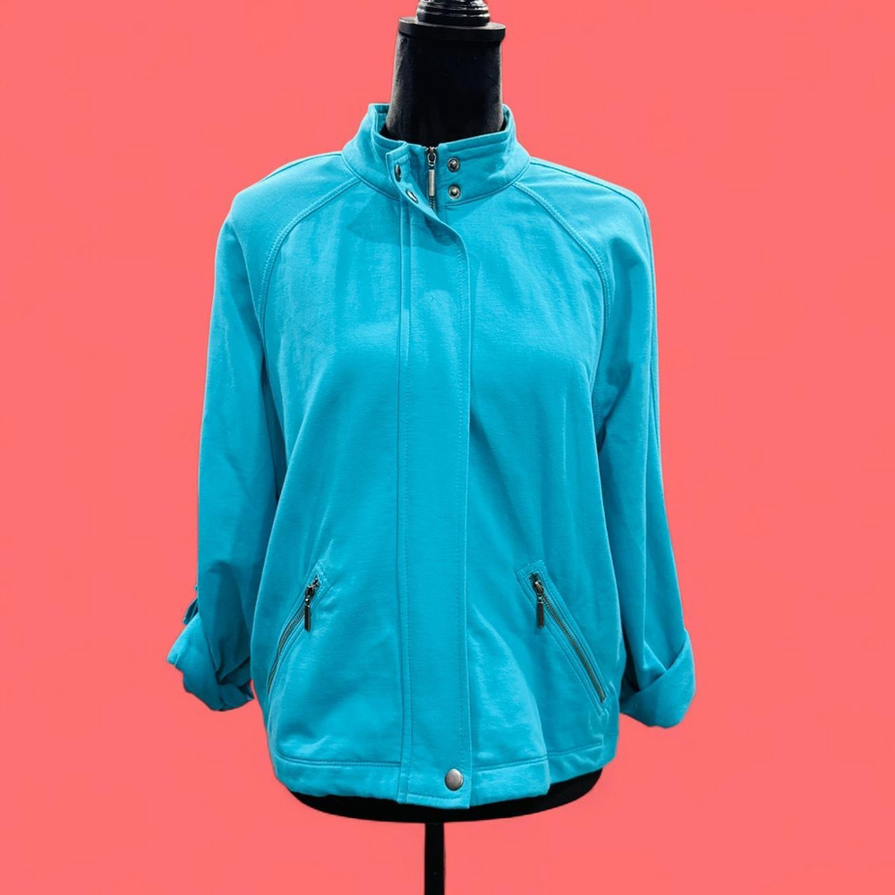 Aqua Teal Blue Mock Neck Zip-Up Jacket Shacket Ruby Rd. PL